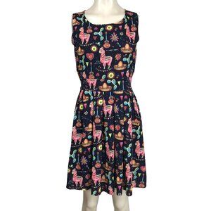 DOLLZ & DAMES- WOMEN SMALL ~ NAVY WESTERN LLAMA CACTUS PLEATED RETRO DRESS